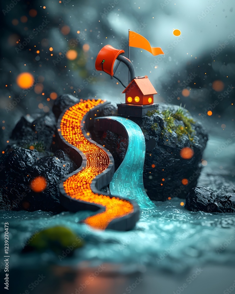 Poster cascading rivers of glowing code algorithms and data structures interweave across a dark enigmatic d