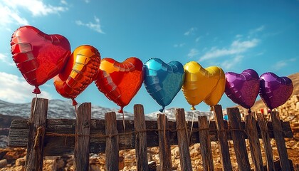 Vibrant, colorful array of heart-shaped balloons, tied to a rustic wooden fence, against a bright blue sky