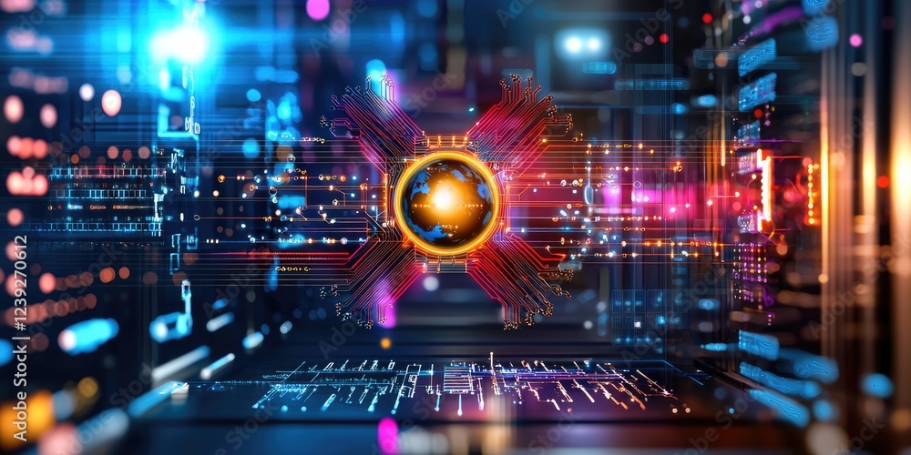 Poster infographic-style depiction of quantum computing advantages, highlighting computational power elemen