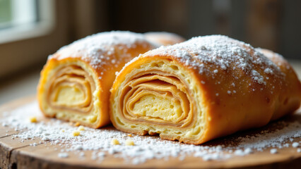 Golden brown rolled pastry with flaky layers dusted with powdered sugar, resting on a wooden board.