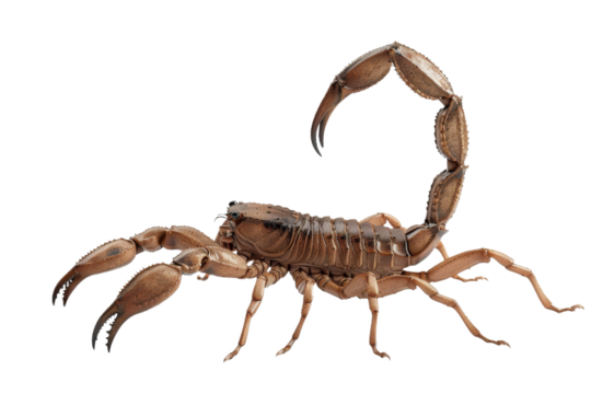 Scorpion with curved tail and pinching claws on its sturdy body with lined exoskeleton