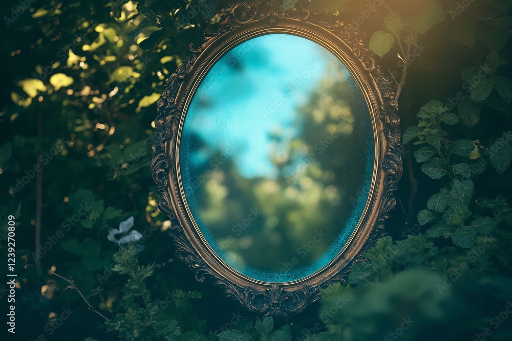 Poster an enchanted mirror reflecting a world of magic while the real world remains normal