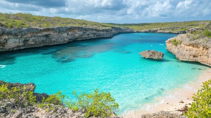 Fototapeta premium Serene Tropical Cove Surrounded by Lush Greenery and Clear Water