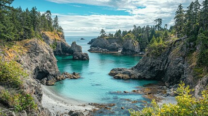 Obraz premium Coastal Landscape with Rocky Shores and Lush Green Forests