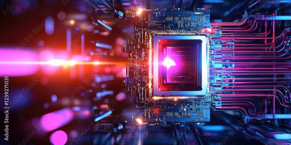 Leinwandbilder Infographic-style depiction of quantum computing advantages, highlighting computational power elements in an educational format on a plain background