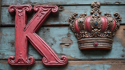Ornate Red 'K' and Crown: Vintage, Royal Wall Decor
