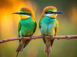 Fototapeta premium Two Green Bee Eaters Perched on a Branch in Low Light