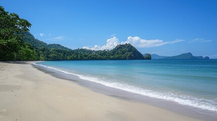 Obraz premium Serene Tropical Beach with Calm Waters and Lush Greenery in View
