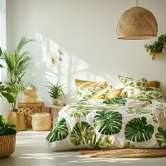 Cozy Bedroom with Green Leaves Decor and Natural Light Oasis