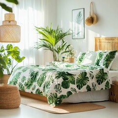 Cozy Tropical Bedroom with Green Leaf Pattern Decor and Plants