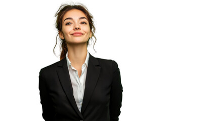 Businesswoman looking upwards with hope and positivity on transparent background