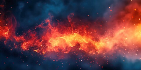 Fototapeta premium iery explosion of glowing flames with floating embers in a dark smoky atmosphere