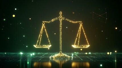 A futuristic justice scale illuminated by glowing digital patterns and vibrant lights, symbolizing fairness in a high-tech legal system