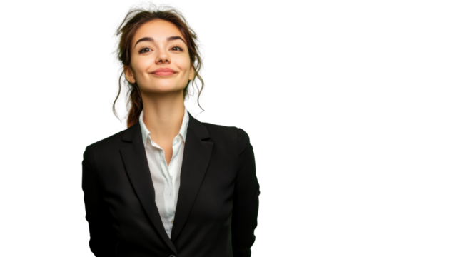 Businesswoman looking upwards with hope and positivity on transparent background