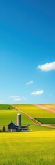 A farmhouse with a silo sits on a green and yellow field under a bright blue sky with white clouds
