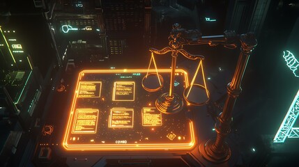 A futuristic holographic interface projecting legal case files alongside a glowing scale of justice, set in a dark digital environment