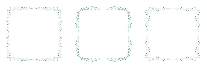 Set of three elegant green vegetal ornamental frame with blue and pink flowers, decorative border. Isolated vector illustration