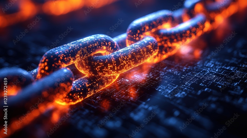 Poster glowing chains interconnected on a digital background, symbolizing strength and security in technolo