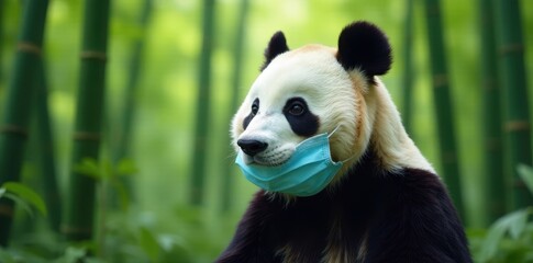 Obraz premium Giant panda in face mask, bamboo forest backdrop, pandemic, panda