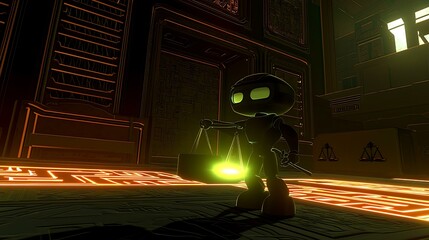 A futuristic depiction of an advanced AI robot standing in a virtual space, holding a glowing scale of justice and a judge's gavel, representing fairness in technology