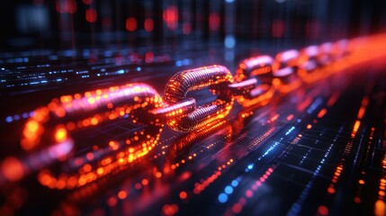 Glowing digital chain links connected in a futuristic cyber environment with vibrant lights