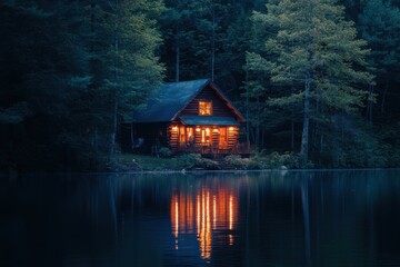 Obraz premium Cabin by the lake illuminated at night among trees and mountains