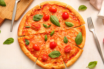 Tasty pizza margarita on white background