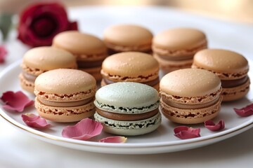 Obraz premium Soft pastel-colored macarons delicately arranged on a white porcelain plate, surrounded by rose petals, capturing the fond affection of Valentine's Day.