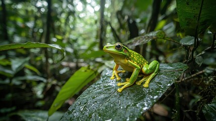 A vibrant green frog rests on a leaf in a lush, tropical rainforest, surrounded by rich foliage and natural beauty.