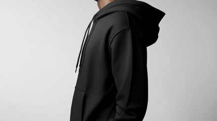 Man wearing black hoodie, studio shot, grey background, apparel mockup