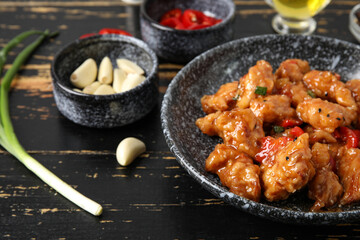 Tasty sweet and sour chicken in bowl with spices on dark wooden background, closeup