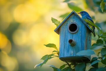 Blue bird sits beside colorful birdhouse in a lush garden during golden hour