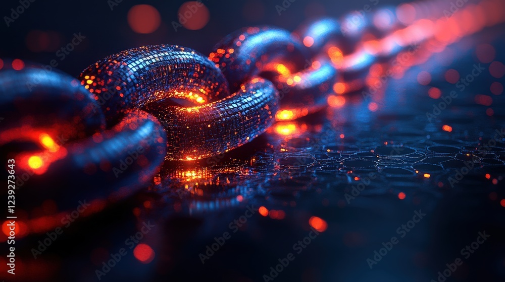 Poster glowing digital chain links illuminated in a futuristic environment with abstract patterns