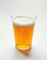A clear glass filled with a golden-colored beer topped with a generous layer of white foam