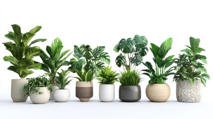 Fototapeta premium Indoor plants arranged in decorative pots creating a vibrant green display in a bright setting