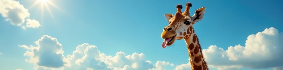 Naklejka premium Goofy giraffe head, long neck, tongue out, fluffy clouds, sunny sky, goofy, happy
