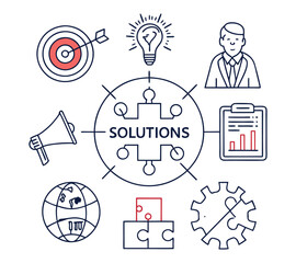 Solution thin line icon vector set. Containing problem solving, light bulb, idea, strategy, creativity, innovation, meeting, teamwork, connecting, management, puzzle, creative, invention,