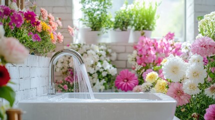 Obraz premium Close up water flows from the tap into a large white sink, pastel colors image without shadows and dark colors, flower shop , surrounded by an array of vibrant pastel-colored flowers.