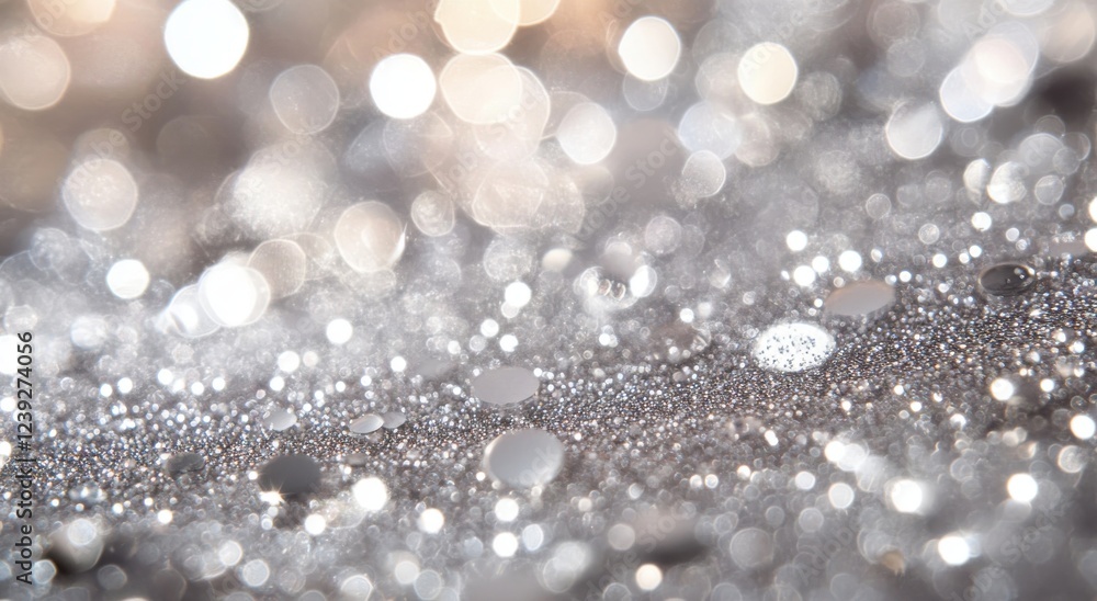 Poster shimmering water droplets on silver surface with soft bokeh background effect creating a dreamy and 
