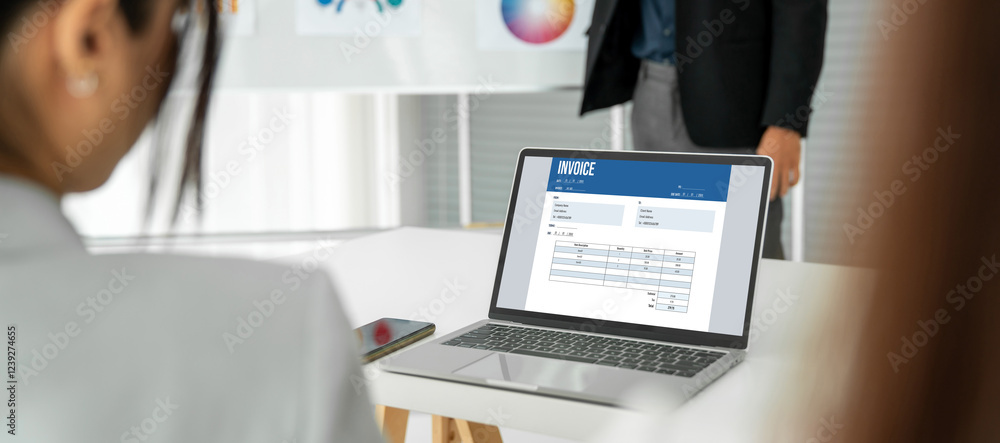 Poster invoice on computer screen from accounting application. computer program for financial and budget of