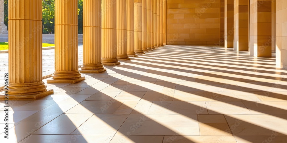 Poster Serene Architectural Elements Featuring Classical Columns and Soft Shadows on Elegant Stone Surface in Bright Natural Light