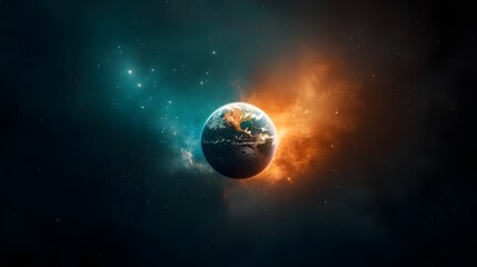 Naklejka premium Cosmic Dual Planets Colliding in Distant Galactic Horizon with Immersive Void and Dramatic Explosive Energy