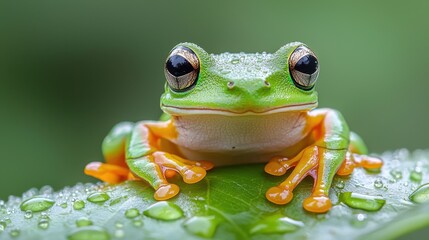 A vibrant green frog sits on a leaf, showcasing its bright colors and glistening skin, surrounded by droplets of water.