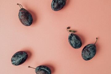 Top view photo of whole plums on isolated pastel pink background. High quality photo