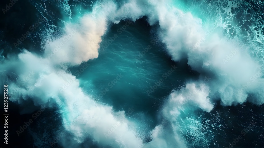 Poster dreamy ocean waves crashing powerfully on both sides creating a deep blue glowing mist filled enviro