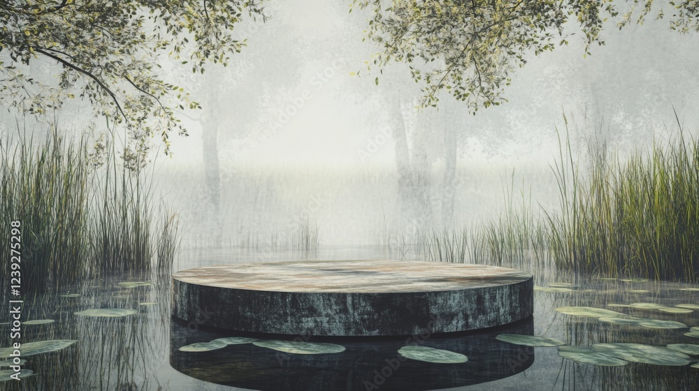 Fototapete a serene podium rests on still water, enveloped by a mist-filled spring atmosphere. lush greenery an