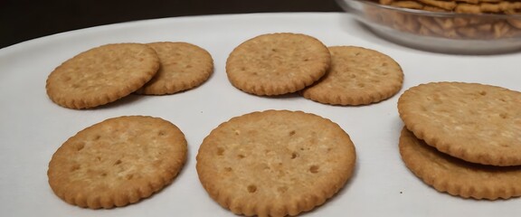 Round cookies, golden brown, crisp texture, scattered on white surface, homemade biscuits, classic snack, simple design, baked goods, kitchen scene, circular treats, plain cookies, subtle patterns