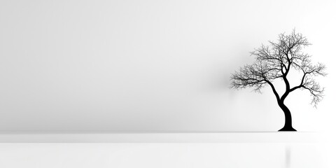 Obraz premium A solitary black tree silhouette against a minimalist white background offering a sense of calm, tranquility, and elegance for modern art and design projects