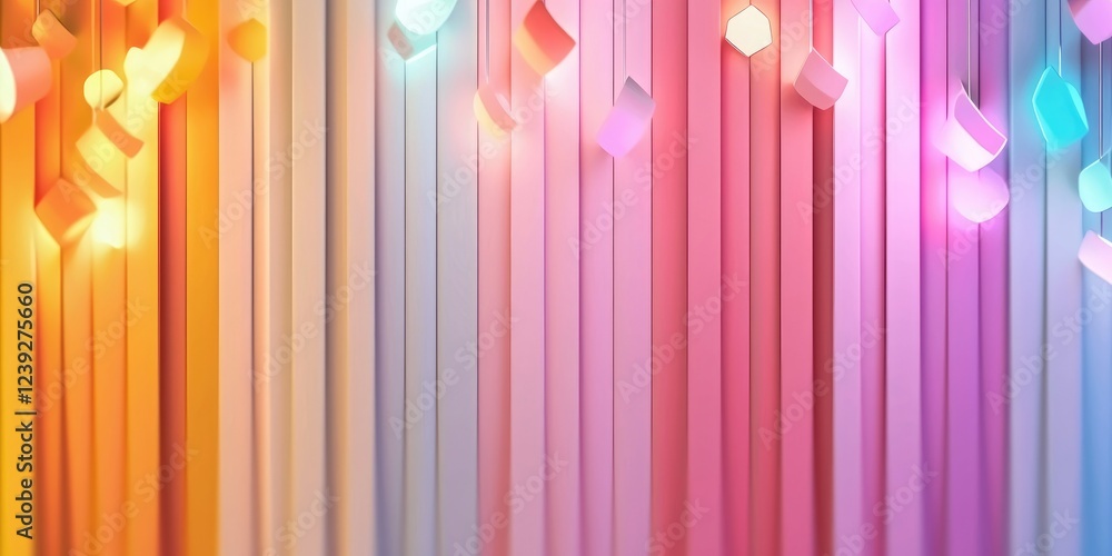 Poster colorful abstract background with hanging geometric shapes and soft glowing lights in various pastel