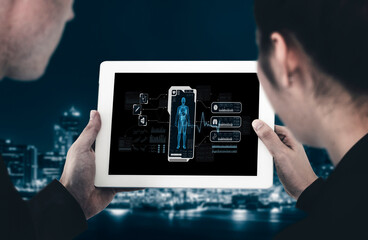 Medical science technology and futuristic healthcare virtual computer software analyze human health and diagnose disease for doctor data and medical research. brisk